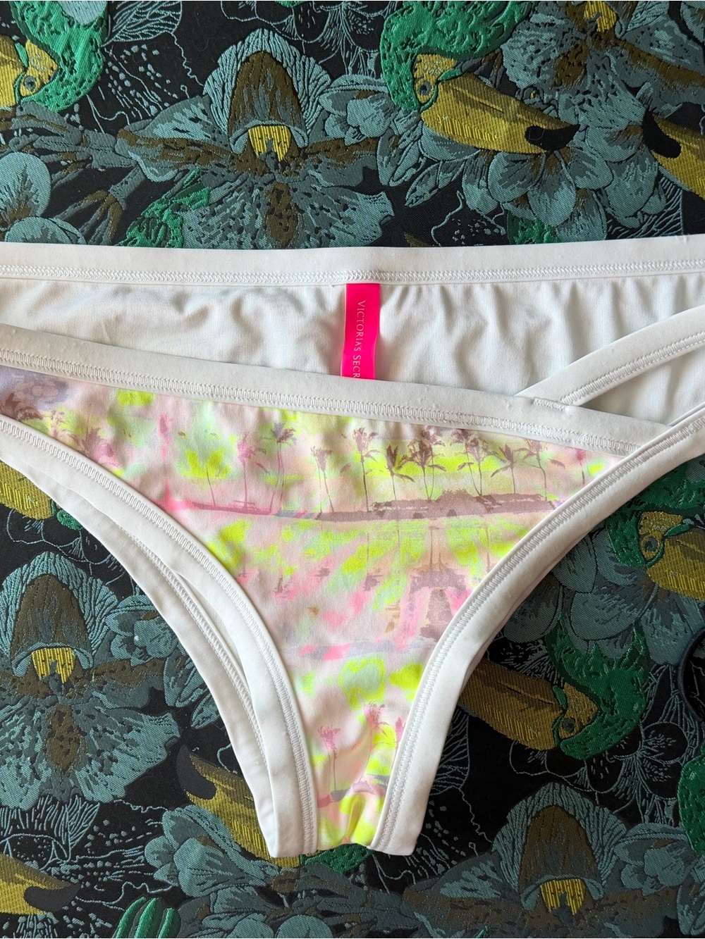 Victoria's Secret White Bikini Bottoms with Neon Pink & Yellow Beach Print